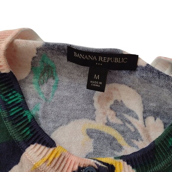 Banana Republic Floral Cardigan M Lightweight Cotton Blend Peach Navy Sweater - Picture 2 of 8